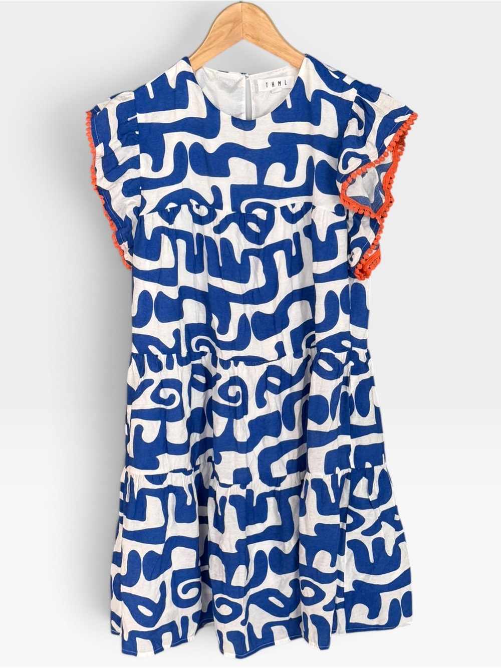 THML Blue White Abstract Print Mini Dress Orange Trim Cap Sleeve S